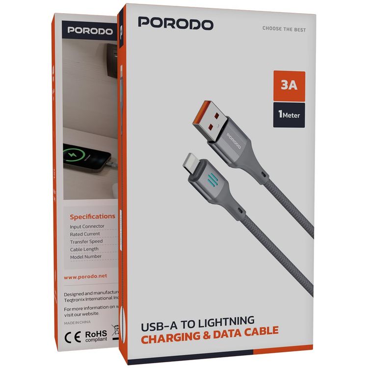 Porodo USB-A to Lightning Cable PDDC97GY - 3A Fast Charging, Grey