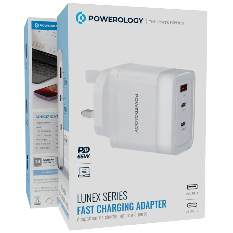 Powerology Fast Charging Adapter Lunex Series PD 65W - White
