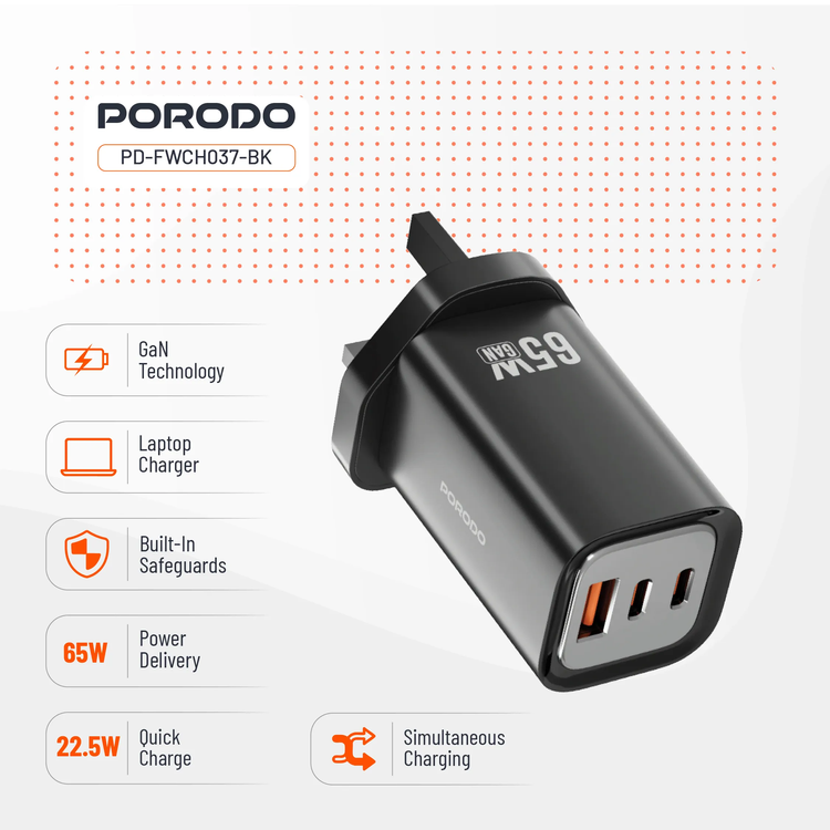 Porodo Wall Charger PD-FWCH037-BK - 65W Triple Output, Black