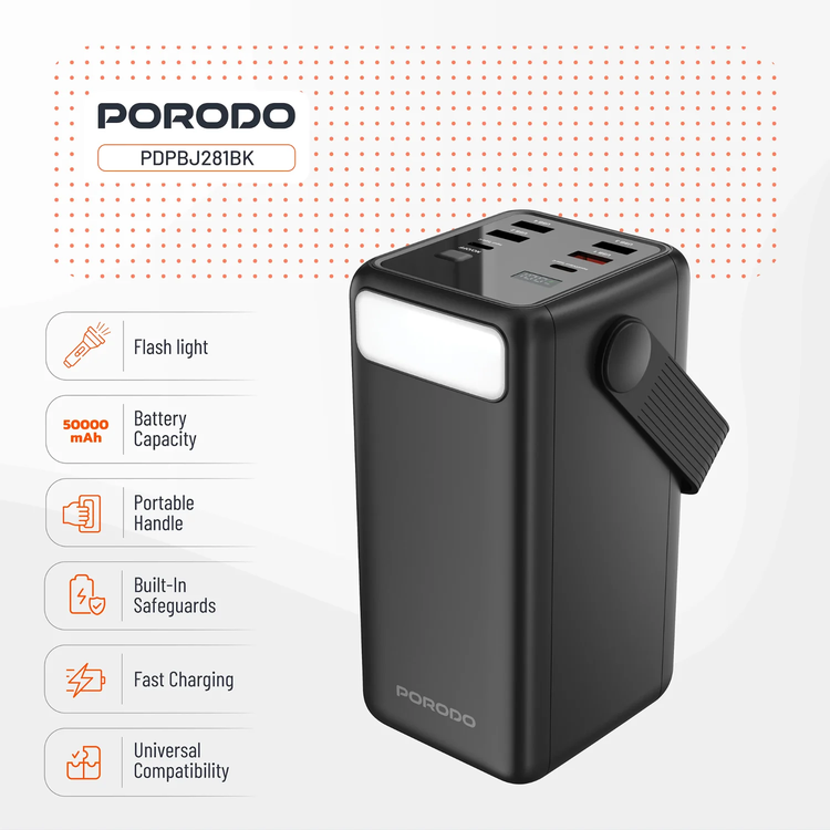 Porodo Lara 50000mAh Power Bank with Integrated Cables & Flashlight, PDPBJ281BK - Black