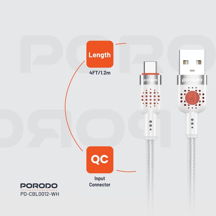 Porodo USB-A to USB-C Braided Cable PDCBL0012WH - 1.2m, Fast Charging, White