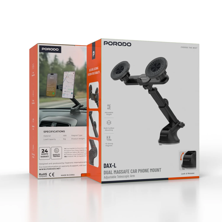 Porodo Car Phone Mount DAX-L - Dual, Magsafe Compatible, Black