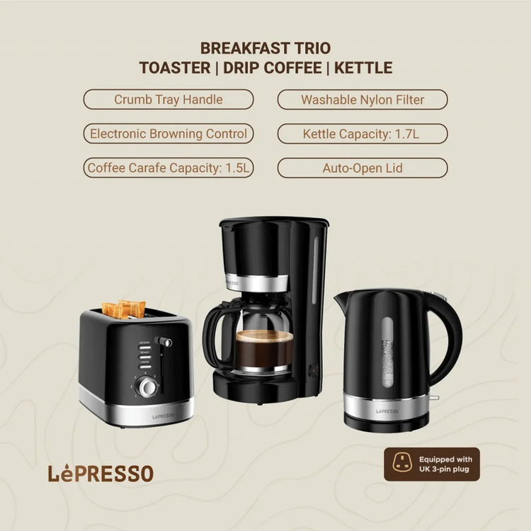 LePresso Breakfast Set LPCFFM0009-BK - Toaster, 1.7L Kettle & Coffee Maker, Black