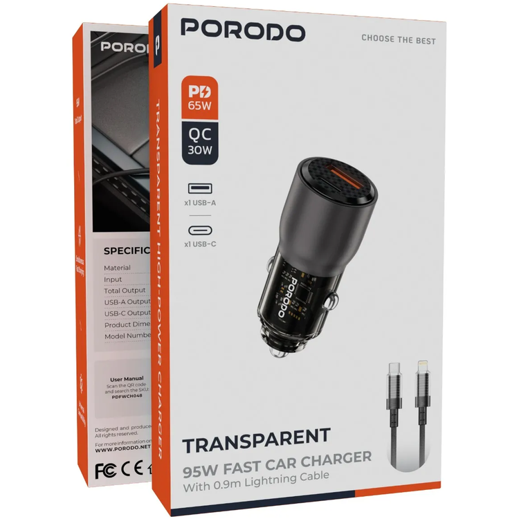 Porodo Car Charger PDFWCH048LGY - 95W PD + QC, Grey Transparent