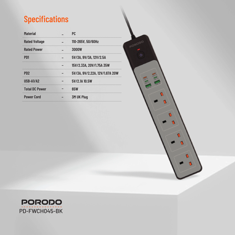 Porodo Power Strip PD-FWCH045-BK - 4AC 65W 3000W, Black