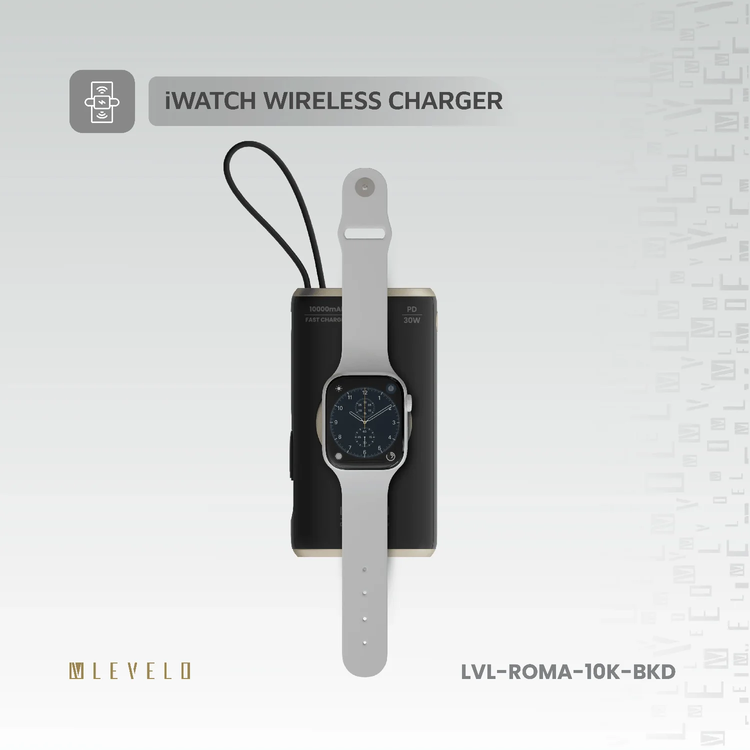 LEVELO Power Bank Roma 10000mAh - 30W PD, Apple Watch Charger, Black