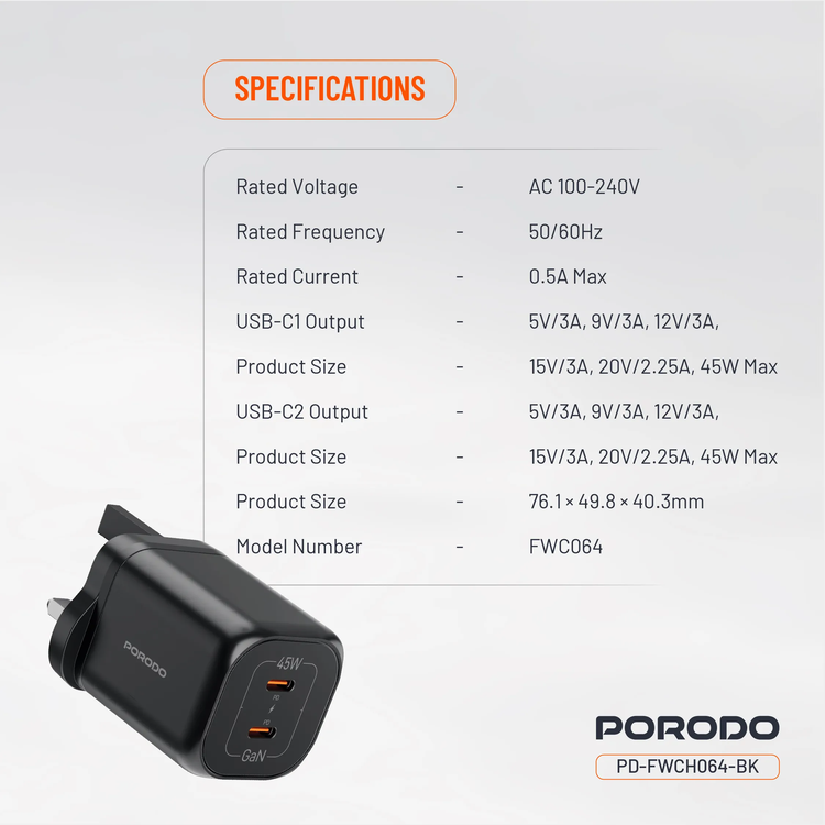 Porodo Dual USB-C Quick Charger PDFWCH064BK - 45W, Black
