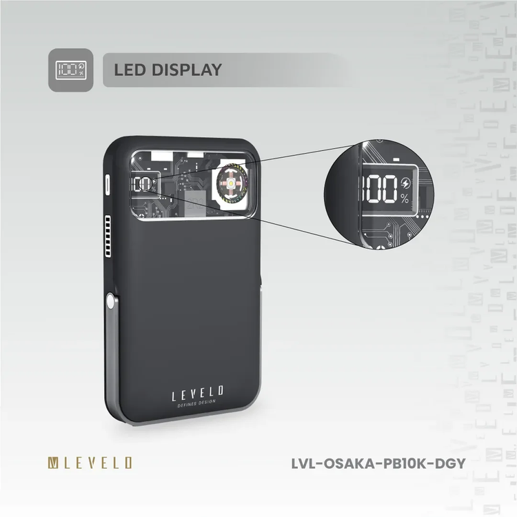 LEVELO Power Bank Osaka LVLOSAKAPB10KDGY - 10000mAh PD 20W, Wireless, Dark Grey