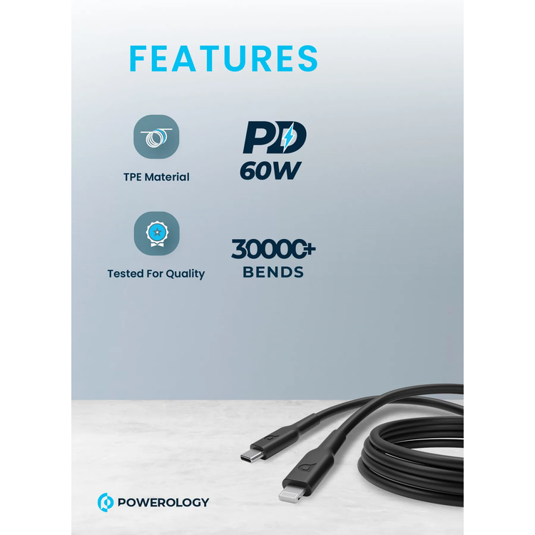 Powerology USB-C to Lightning PD Cable P3BCLBK - 3m, Black