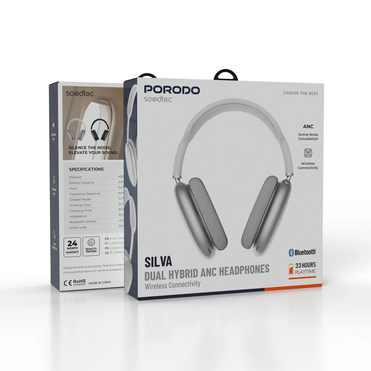 Porodo Headphones Soundtec Silva PDSTHS98ANCSL - Dual Hybrid ANC, Silver