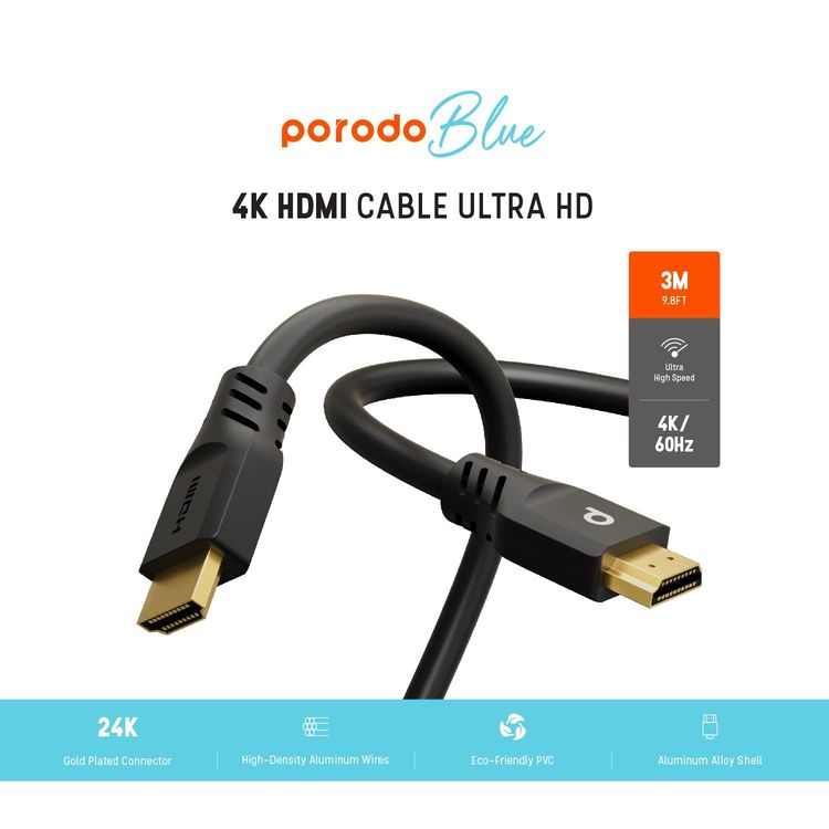 Porodo HDMI Cable PB-HD4K3M-BK - 4K/60Hz Ultra HD, 3m, Black