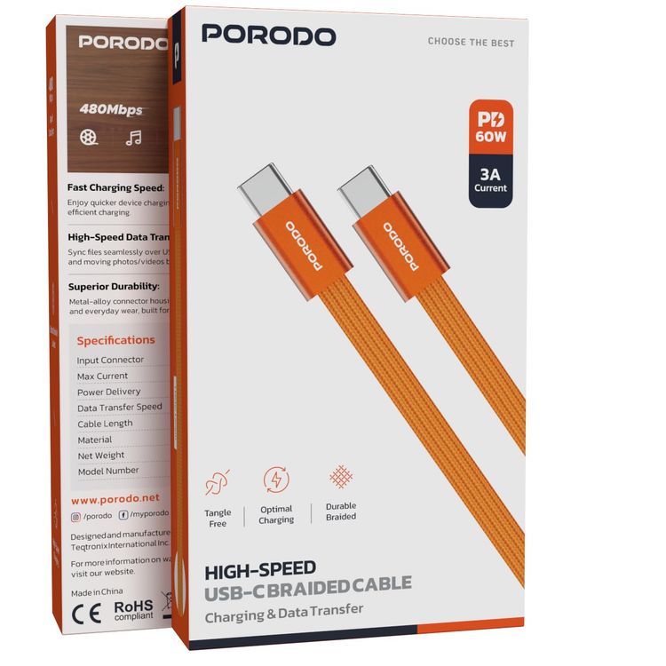 Porodo USB-C Cable PD60WCBSOG - 1M 60W PD, Orange