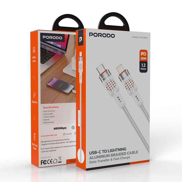Porodo USB-C to Lightning Cable PDCBL0010WH - 1.2m Braided, Fast Charging White