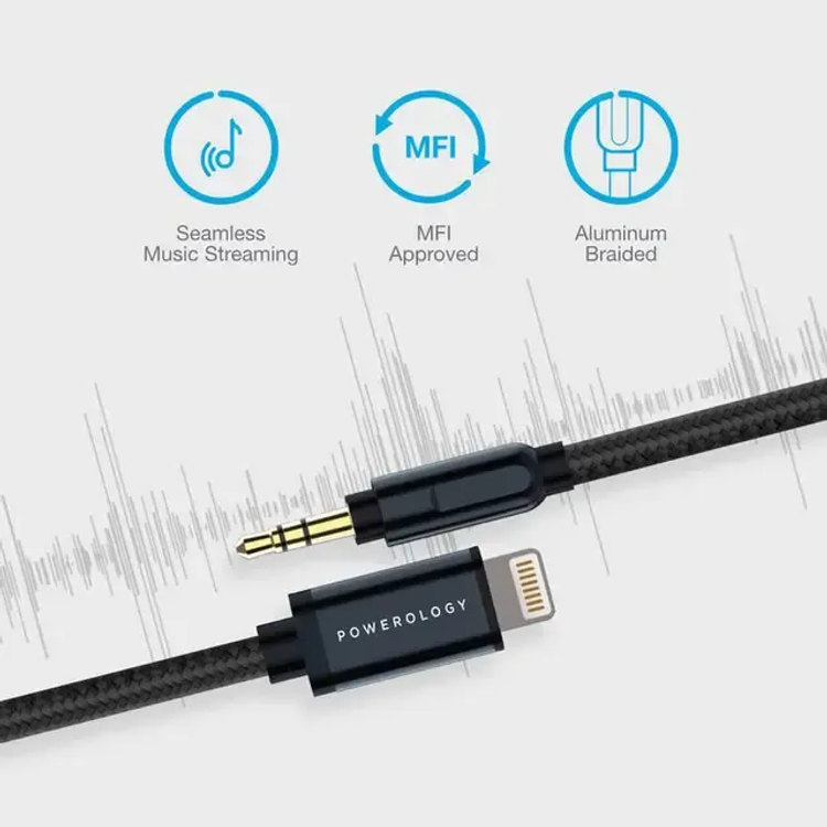 Powerology Audio Cable P12LAUGY - Lightning to 3.5mm AUX, Black