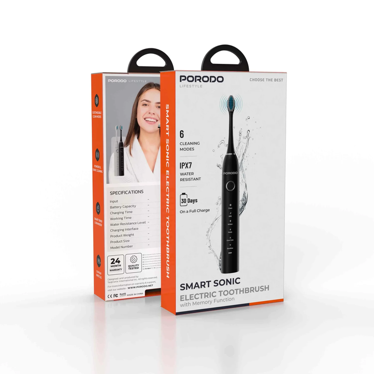 Porodo Electric Toothbrush PDLFSTXCA8BK - Sonic, 6 Modes, Black