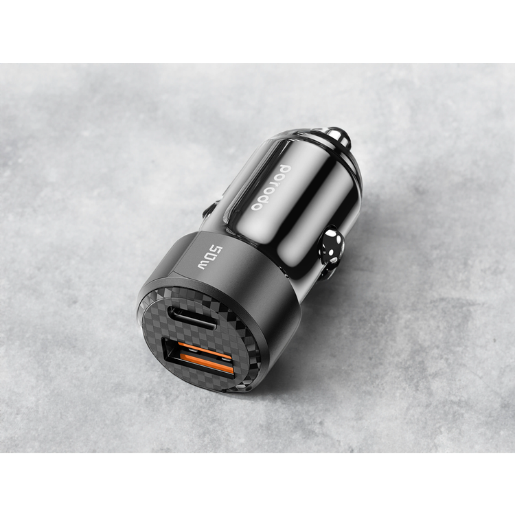 Porodo Car Charger PDCC50WBK - 50W Dual Port, Carbon Fiber Black