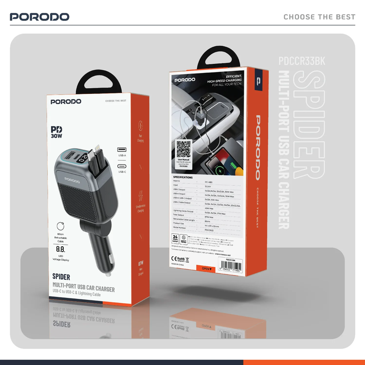 Porodo USB Car Charger PDCCR33BK - Multi-Port, Black