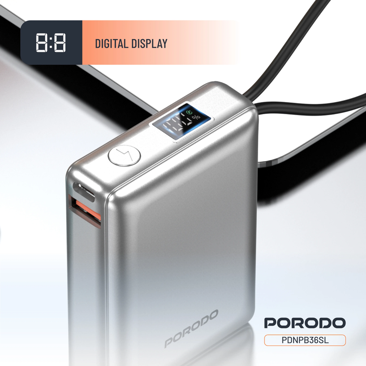 Porodo Power Bank Petite PDNPB36SL - 10000mAh, Type-C & Lightning, Silver