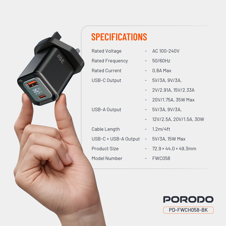 Porodo Dual-Port Quick Charger PD-FWCH058-BK - Digital Display, Black