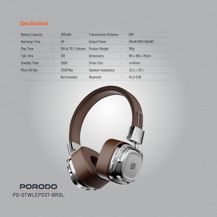 Porodo Wireless ENC Headphone PD-STWLEP037 - Vintage, Brown & Silver