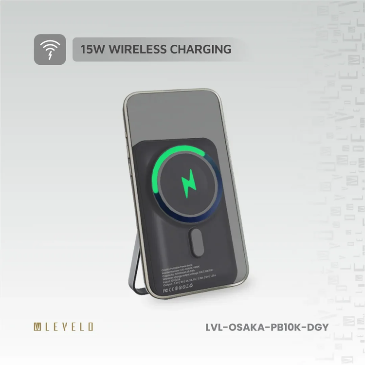 LEVELO Power Bank Osaka LVLOSAKAPB10KDGY - 10000mAh PD 20W, Wireless, Dark Grey