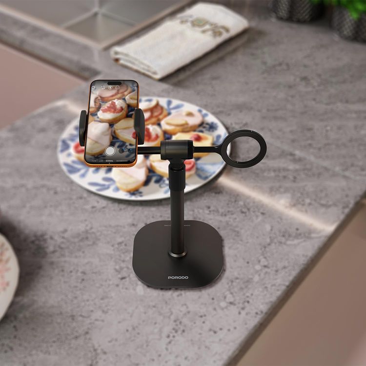 Porodo Dual Phone Holder PDTS18BBK - 360° Rotating, Magnetic Clip, Black