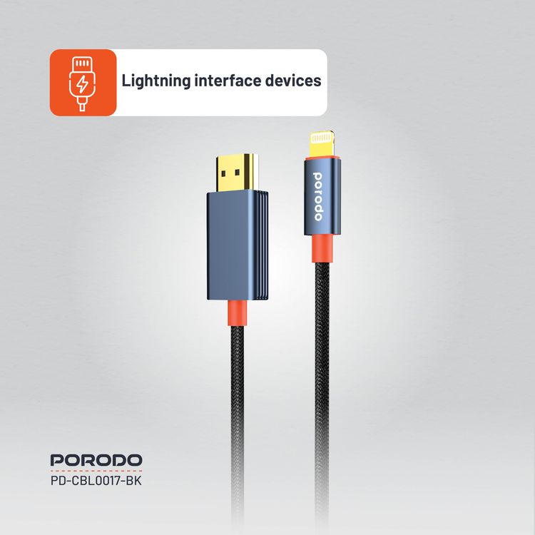 Porodo Lightning to HDMI Cable PD-CBL0017-BK - 2m, 1080P, Black