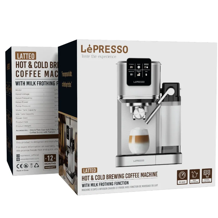 LePresso ماكينة قهوة لاتيو LPCFFTEM0071SL - تحضير ساخن وبارد، فضي