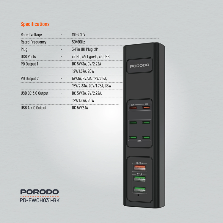 Porodo USB Charging Hub PDFWCH031BK - 85W Multi-Port, Black