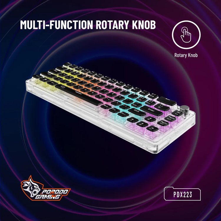 Porodo Mechanical Keyboard PDX223 - 67 Keys, Transparent, Pudding Keycaps, Rotary Knob