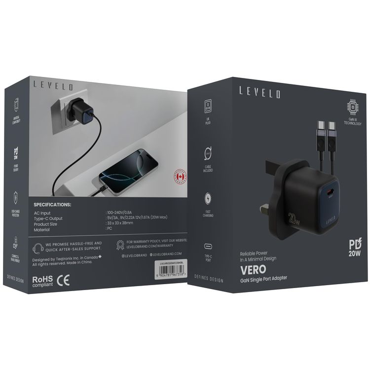 شاحن LEVELO PD Vero - شحن سريع 20W GaN، أسود