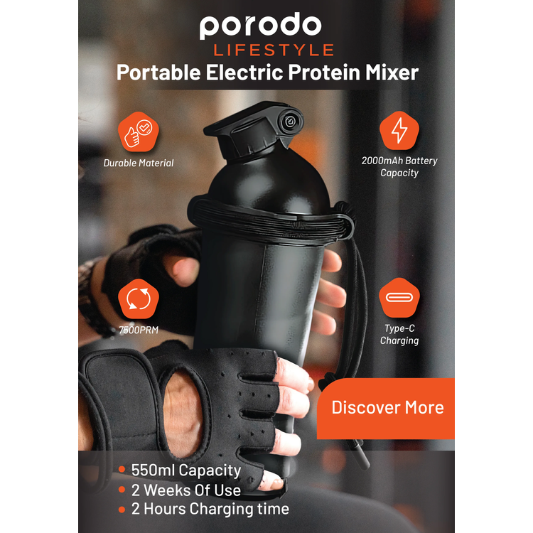 Porodo Electric Protein Mixer LifeStyle PD-LFPSKR-BK - 550ml, Power Bank, Black