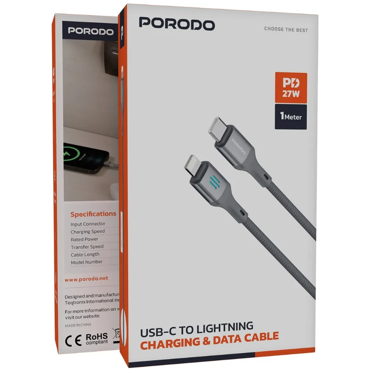 Porodo USB-C to Lightning Cable PDDC27GY - 27W PD, Gray