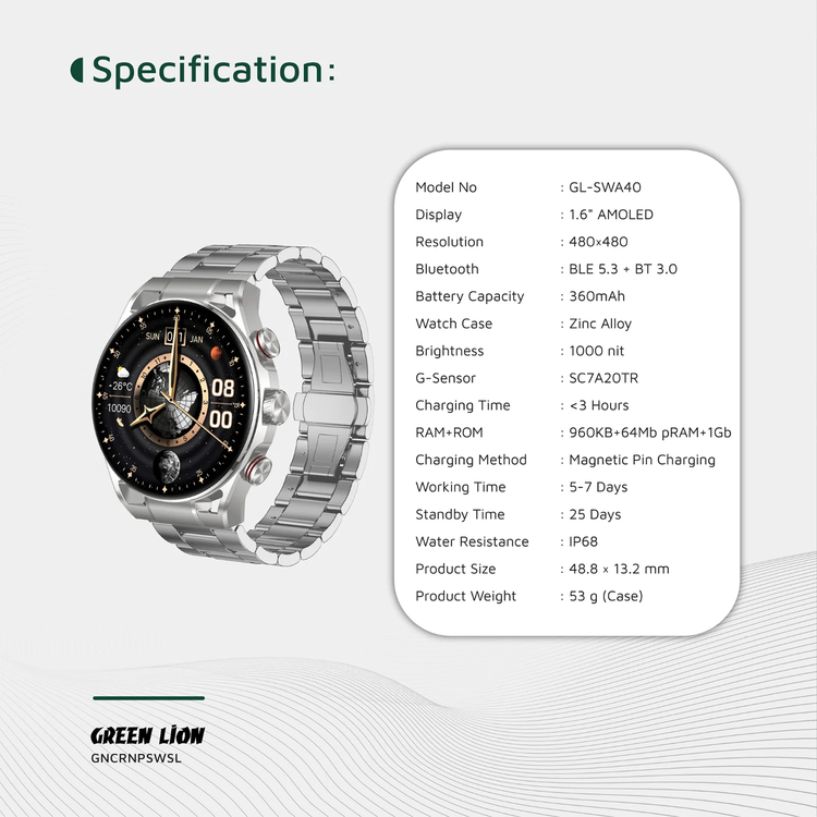 Green Lion Smart Watch Chrono Pro - IP68, Silver