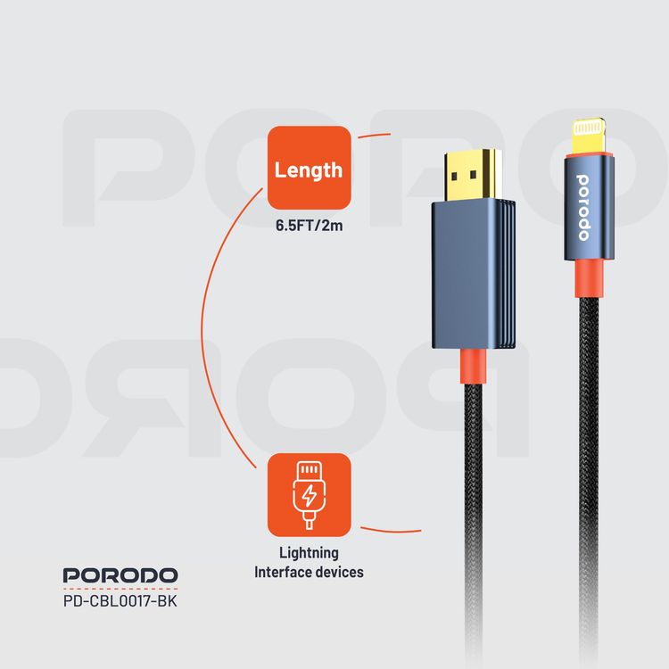 Porodo Lightning to HDMI Cable PD-CBL0017-BK - 2m, 1080P, Black