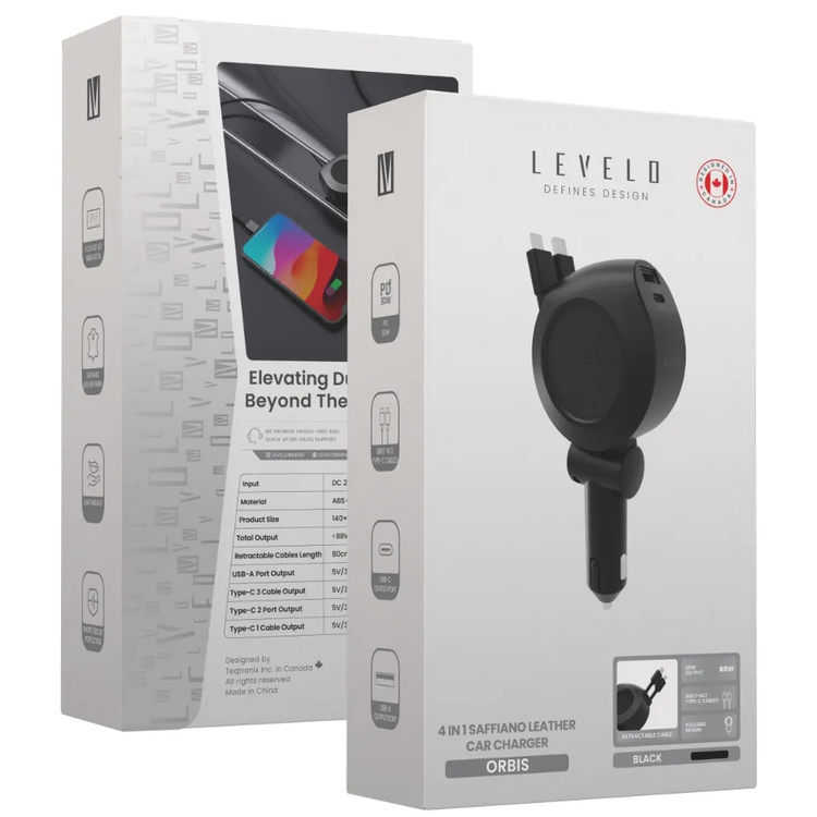 LEVELO Car Charger LVLORBIS41BK - 88W, 2 Retractable Type-C Cables, Black
