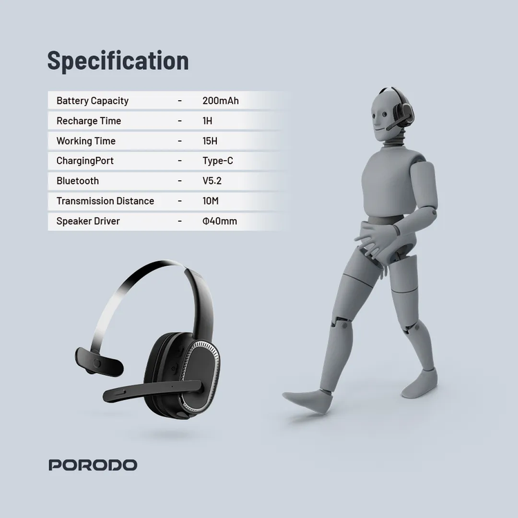 Porodo Wireless Work Headphone PDMHDMPBK - ENC, Black