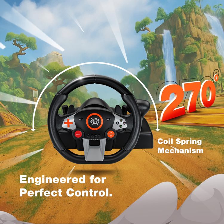 Porodo Gaming Racing Wheel PDX627 - 270° Steering Wheel with Pedals and Gear Lever