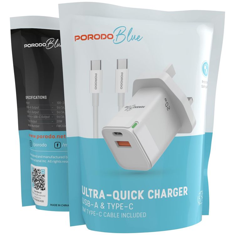 Porodo Blue Ultra-Quick 20W Wall Charger, 1*PD Type-C & 1* QC Type-A Ports, PBFWCH036WHC - White