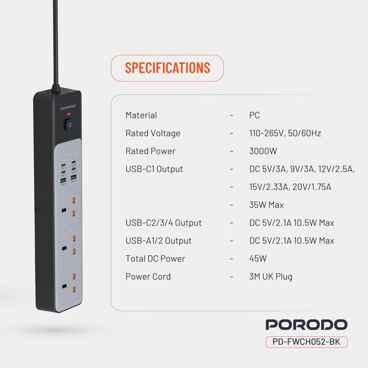 Porodo Power Strip PDFWCH045WH - 4 AC Outlets, 6 USB Ports, 3M Cord, Black