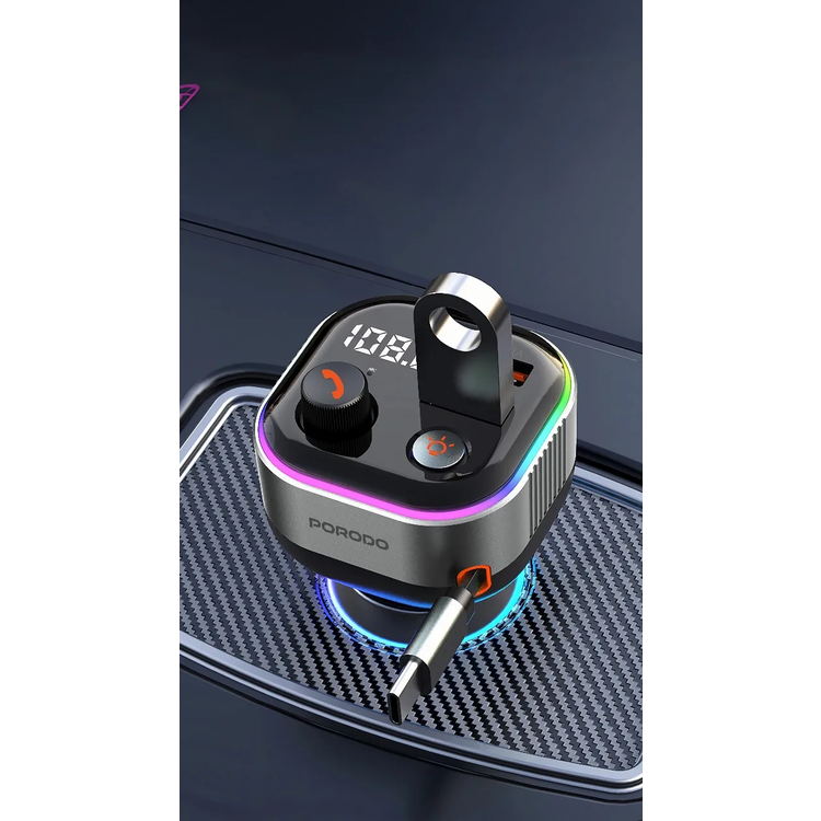 Porodo Bluetooth FM Transmitter & 65W PD Car Charger PDFWCH069DG - Retractable Type-C, Dark Gray