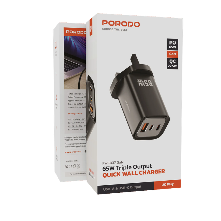 Porodo Wall Charger PD-FWCH037-BK - 65W Triple Output, Black
