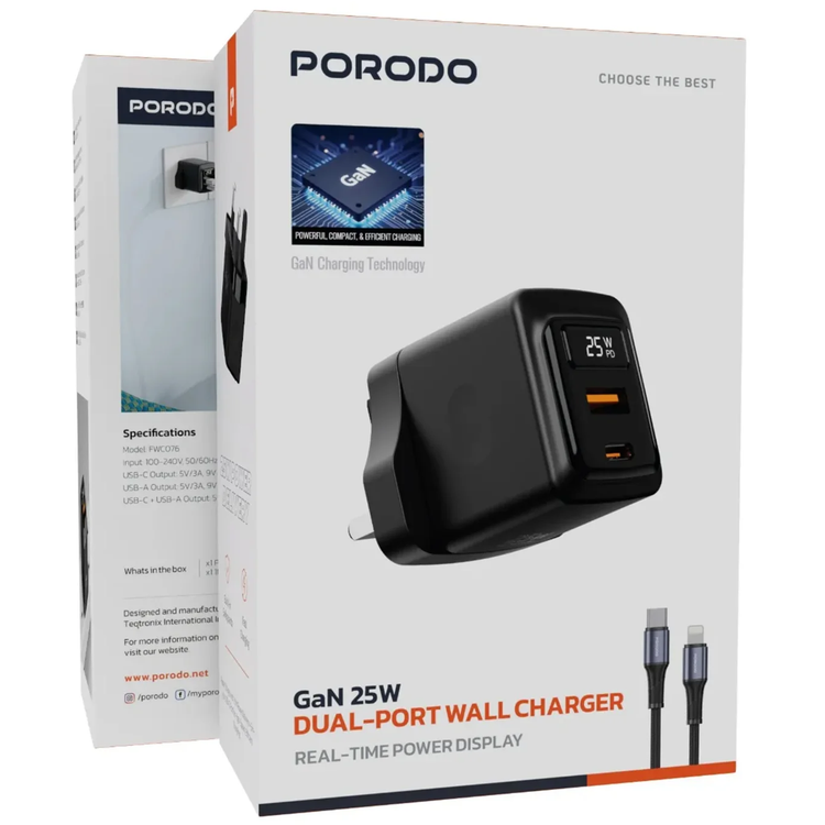 Porodo PD Charger PDFWCH076LBK - GaN Dual-Port 25W with Type-C to Lightning Cable
