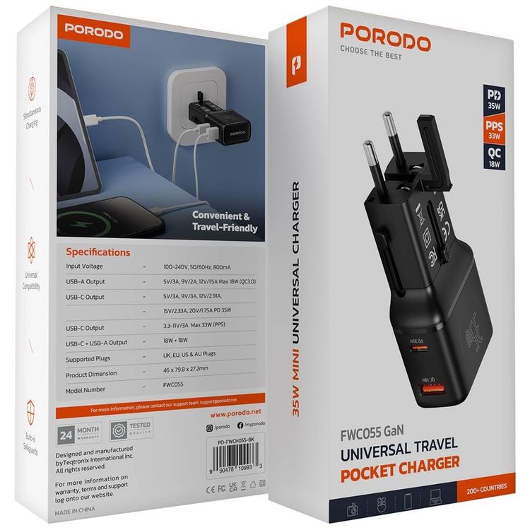 Porodo Wireless Charger PD-FWCH051-BK - Folding 4-Device, 8000mAh, 20W PD, Black