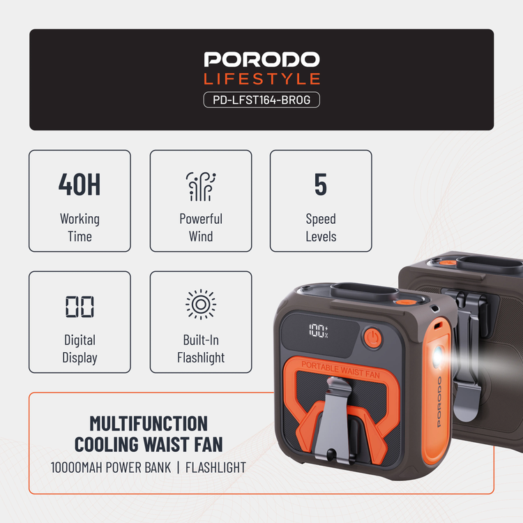 Porodo Waist Fan PD-LFST164-BROG - 10000mAh Powerbank, 5 Speeds, Brown Orange
