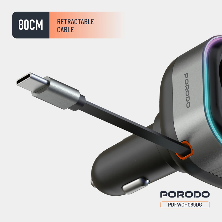 Porodo Bluetooth FM Transmitter & 65W PD Car Charger PDFWCH069DG - Retractable Type-C, Dark Gray