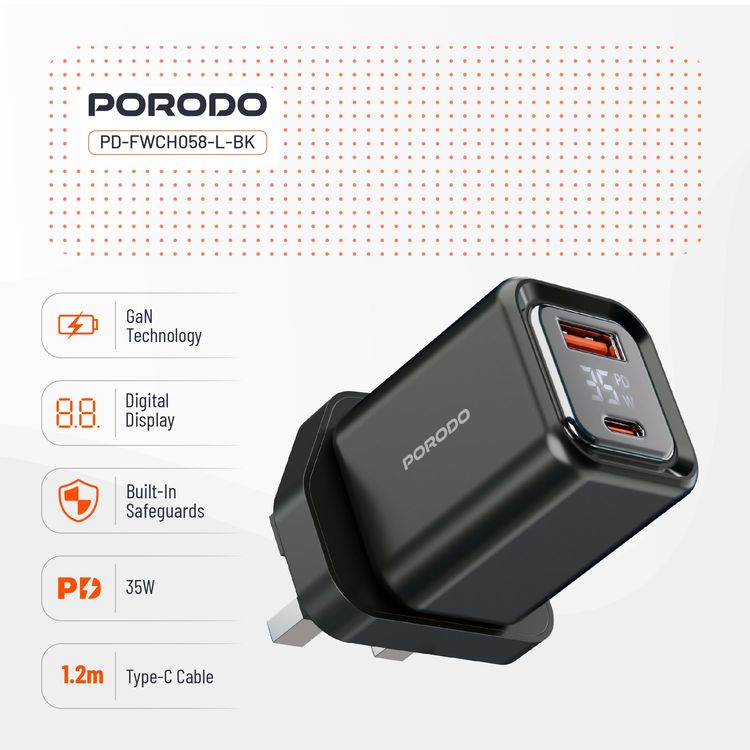 Porodo Charger PDFWCH058CBK - 35W PD GaN, USB-A & USB-C, Digital Display