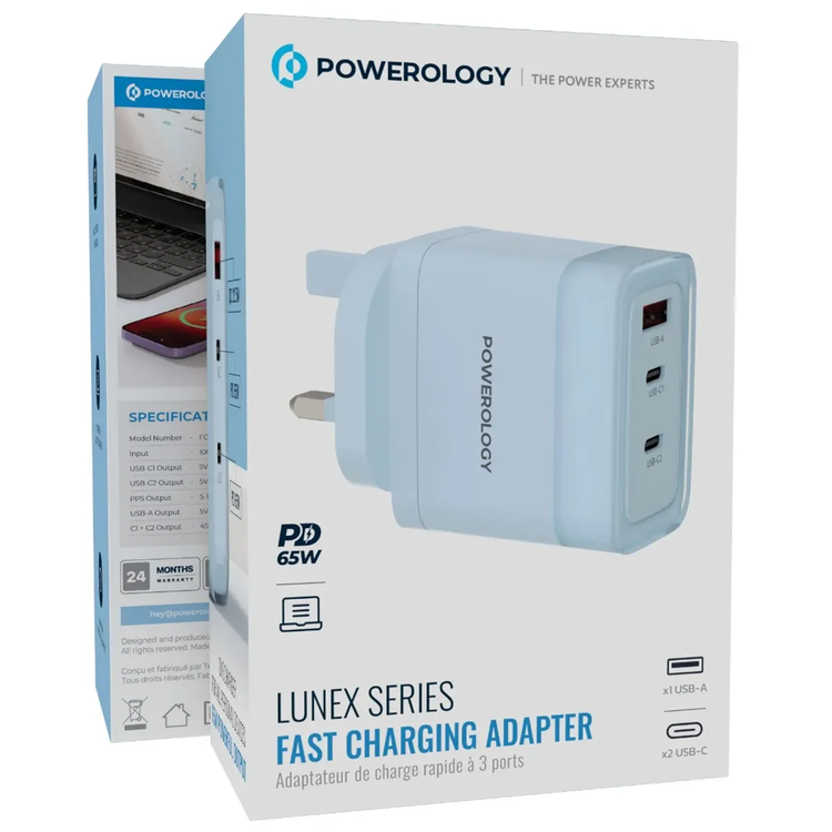 Powerology Fast Charging Adapter Lunex Series PD 65W - Blue