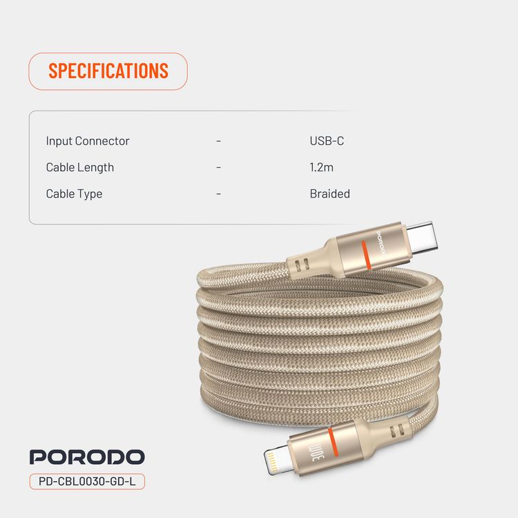 Porodo Magnetic Braided Cable PD-CBL0030-GD-L - 30W PD, Type-C to Lightning, Gold