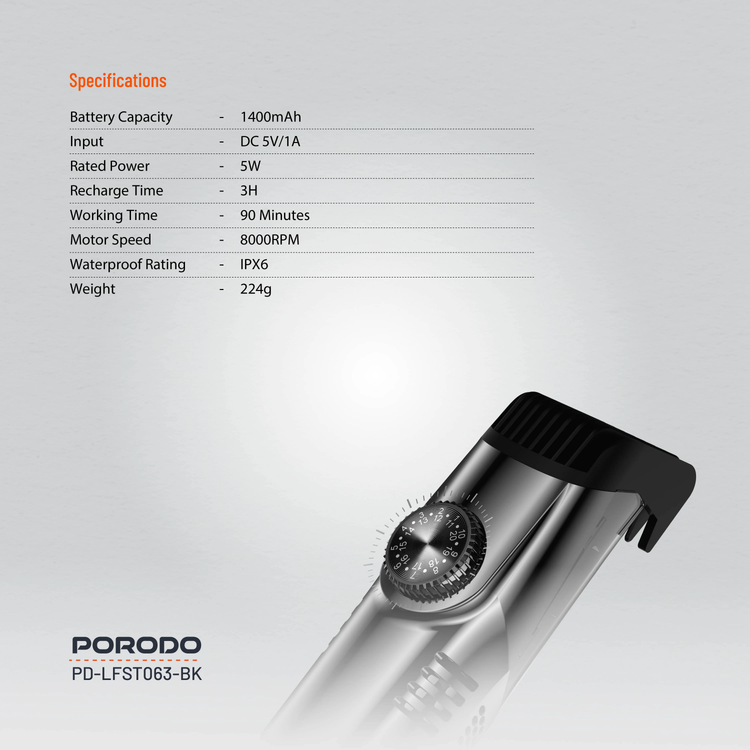 Porodo Hair Trimmer PD-LFST063-BK - Cordless, IPX6 Water-Resistant, Black